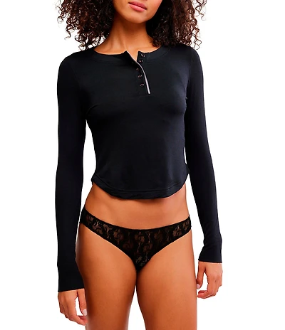 Free People Dream State Knit Long Sleeve Henley Lounge Sleep Top