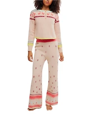 Free People Dream Whispers Long Sleeve Henley Neck Flock Tales Print Long Lounge Set