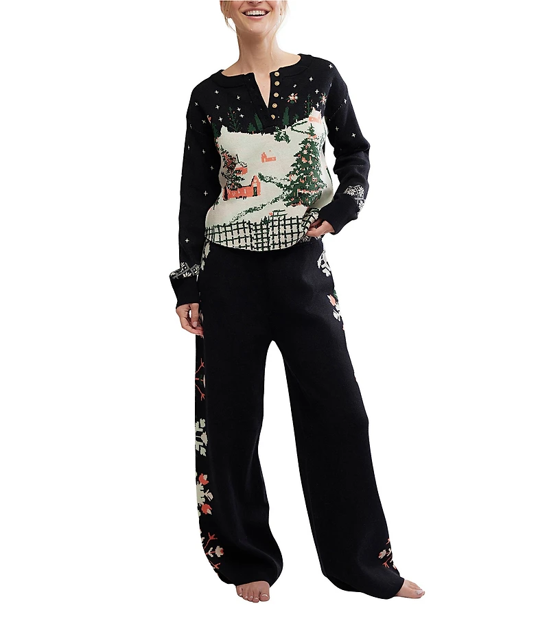Free People Dream Whispers Tinsel Town Long Sleeve Henley Neck Long Knit Lounge Set