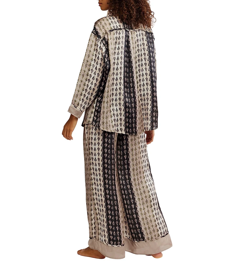 Free People Dreamy Days Allover Geo Striped Print Satin Notch Collar Long Sleeve Wide Leg Oversized Pajama Set
