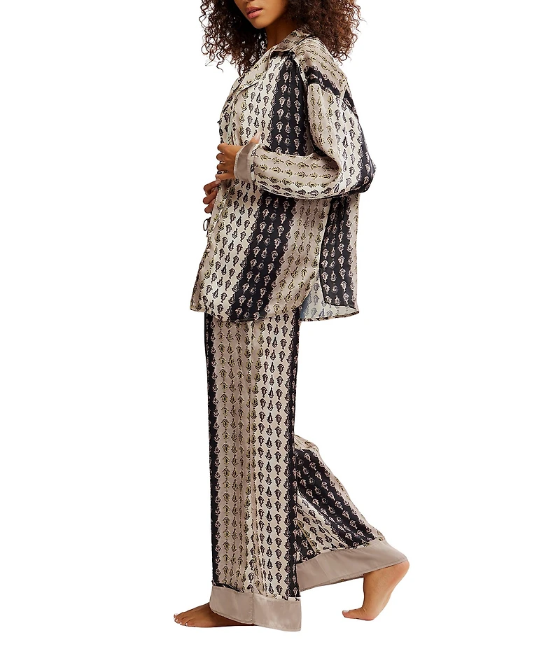 Free People Dreamy Days Allover Geo Striped Print Satin Notch Collar Long Sleeve Wide Leg Oversized Pajama Set