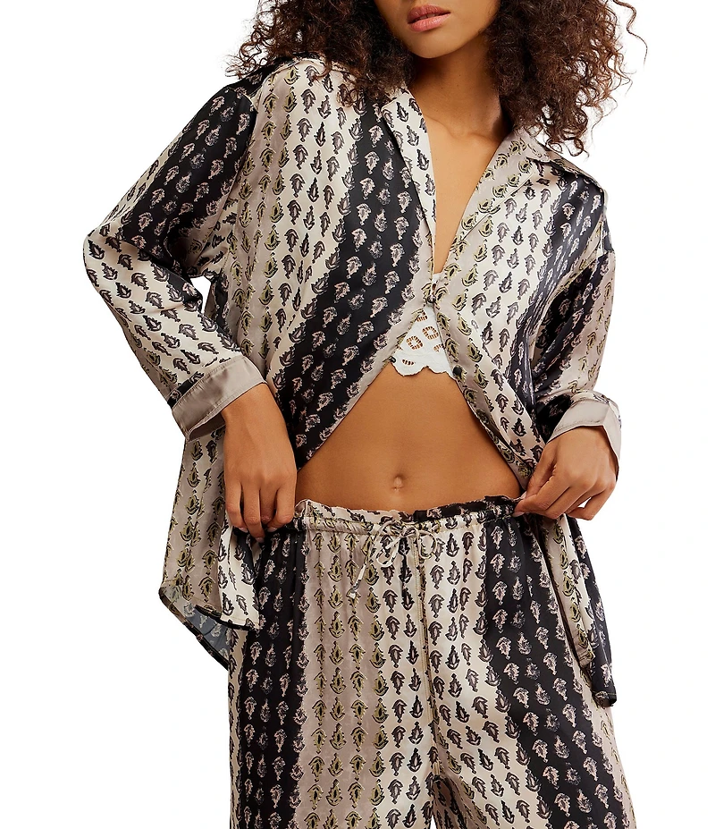 Free People Dreamy Days Allover Geo Striped Print Satin Notch Collar Long Sleeve Wide Leg Oversized Pajama Set