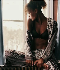 Free People Dreamy Days Allover Geo Striped Print Satin Notch Collar Long Sleeve Wide Leg Oversized Pajama Set