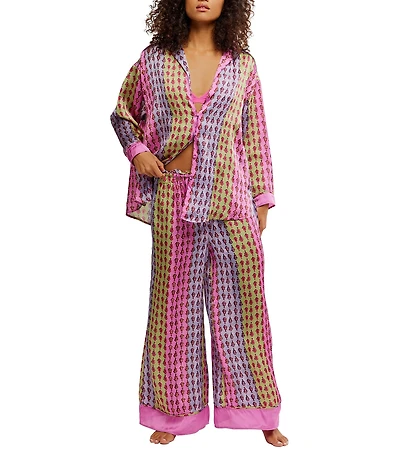 Free People Dreamy Days Allover Geo Striped Print Satin Notch Collar Long Sleeve Wide Leg Oversized Pajama Set