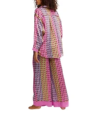 Free People Dreamy Days Allover Geo Striped Print Satin Notch Collar Long Sleeve Wide Leg Oversized Pajama Set