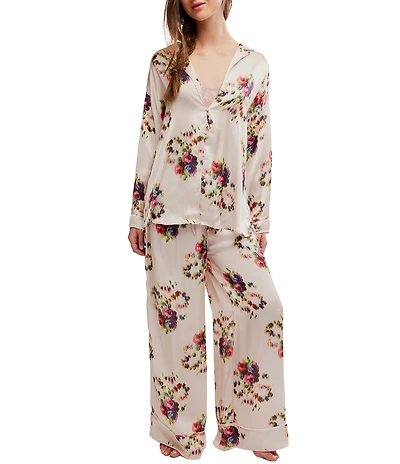 Free People Dreamy Days Floral Print Satin Notch Collar Long Sleeve Wide Leg Oversized Pajama Set