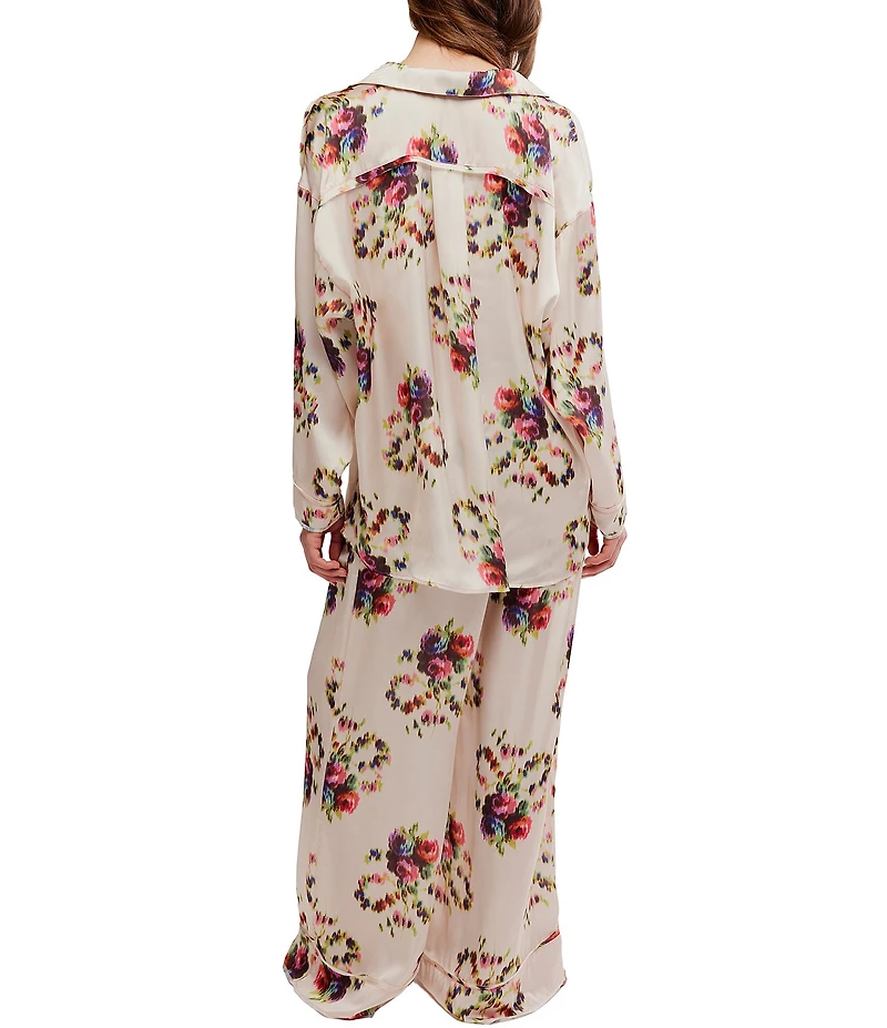 Free People Dreamy Days Floral Print Satin Notch Collar Long Sleeve Wide Leg Oversized Pajama Set