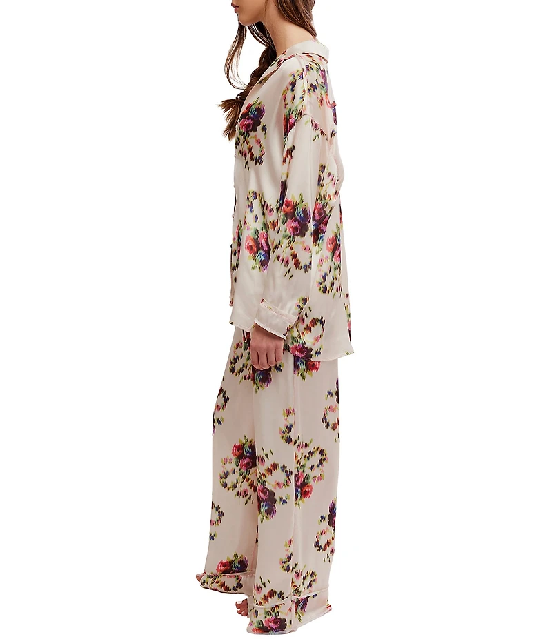 Free People Dreamy Days Floral Print Satin Notch Collar Long Sleeve Wide Leg Oversized Pajama Set
