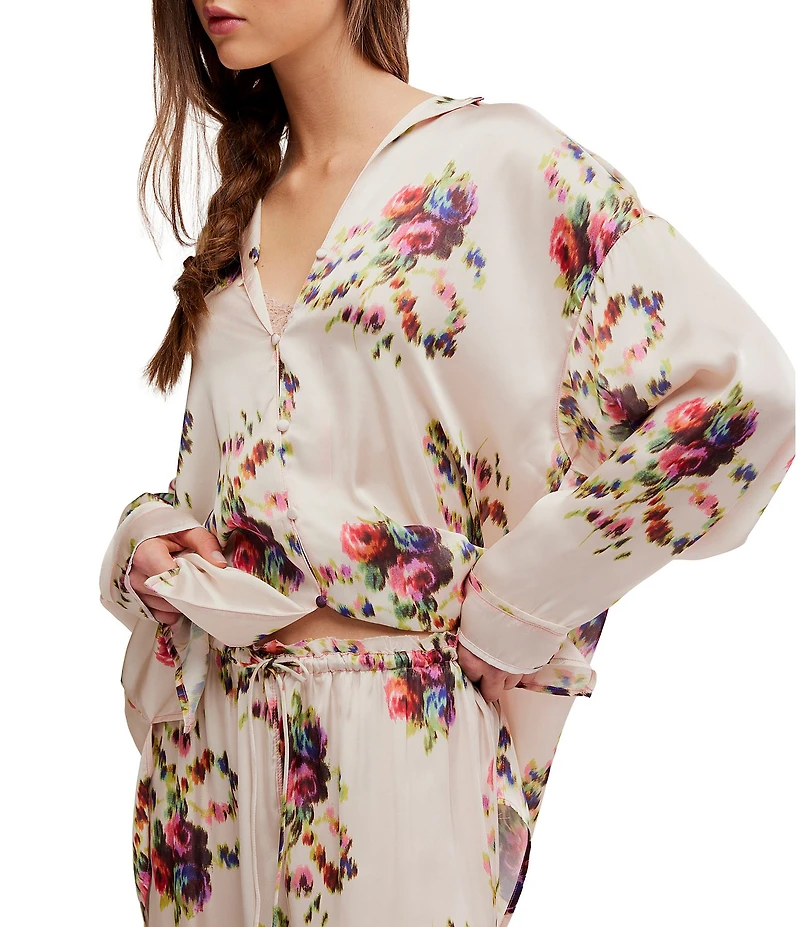Free People Dreamy Days Floral Print Satin Notch Collar Long Sleeve Wide Leg Oversized Pajama Set