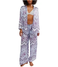 Free People Dreamy Days Bandana Print Satin Notch Collar Long Sleeve Wide Leg Oversized Pajama Set