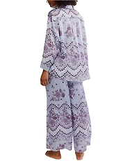 Free People Dreamy Days Bandana Print Satin Notch Collar Long Sleeve Wide Leg Oversized Pajama Set