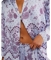 Free People Dreamy Days Bandana Print Satin Notch Collar Long Sleeve Wide Leg Oversized Pajama Set