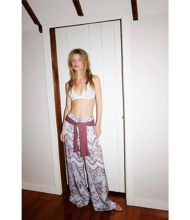 Free People Dreamy Days Bandana Print Satin Notch Collar Long Sleeve Wide Leg Oversized Pajama Set