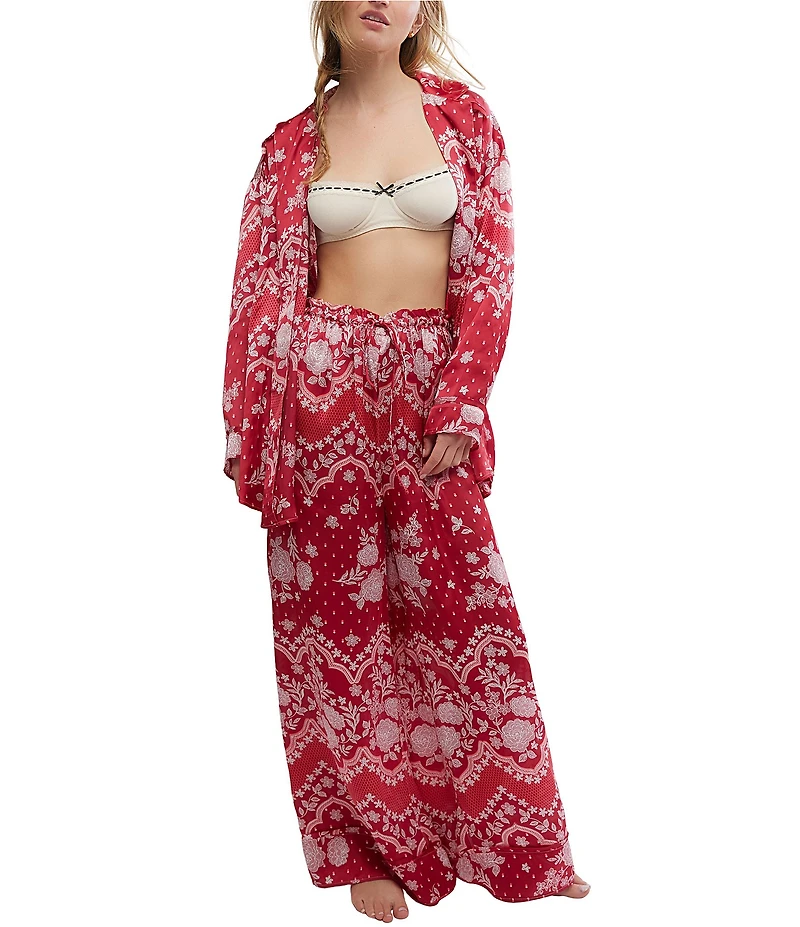 Free People Dreamy Days Bandana Print Satin Notch Collar Long Sleeve Wide Leg Oversized Pajama Set