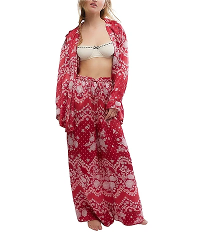 Free People Dreamy Days Bandana Print Satin Notch Collar Long Sleeve Wide Leg Oversized Pajama Set