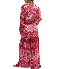 Free People Dreamy Days Bandana Print Satin Notch Collar Long Sleeve Wide Leg Oversized Pajama Set