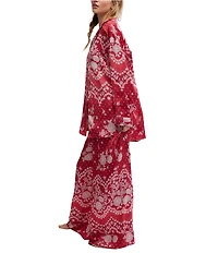 Free People Dreamy Days Bandana Print Satin Notch Collar Long Sleeve Wide Leg Oversized Pajama Set