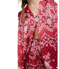 Free People Dreamy Days Bandana Print Satin Notch Collar Long Sleeve Wide Leg Oversized Pajama Set