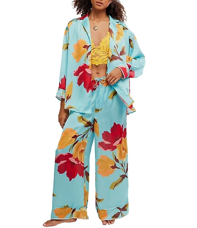 Free People Dreamy Days Floral Print Satin Notch Collar Long Sleeve Wide Leg Oversized Pajama Set