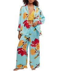 Free People Dreamy Days Floral Print Satin Notch Collar Long Sleeve Wide Leg Oversized Pajama Set