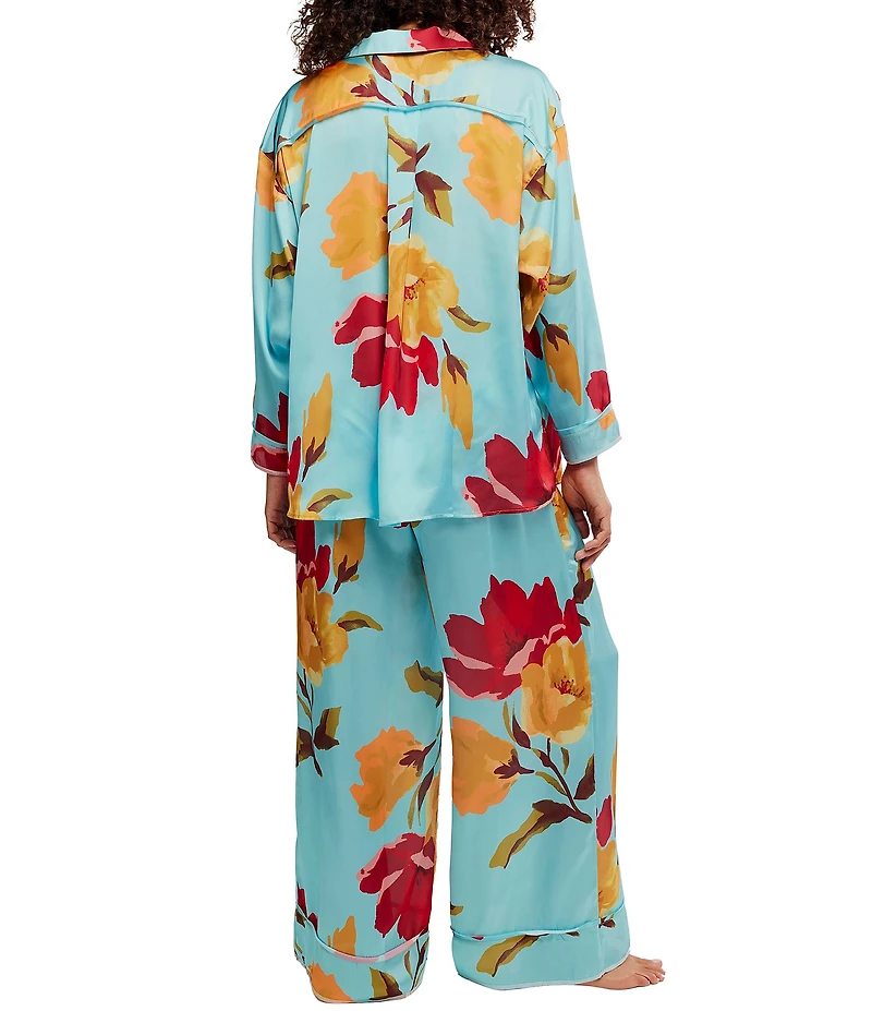 Free People Dreamy Days Floral Print Satin Notch Collar Long Sleeve Wide Leg Oversized Pajama Set