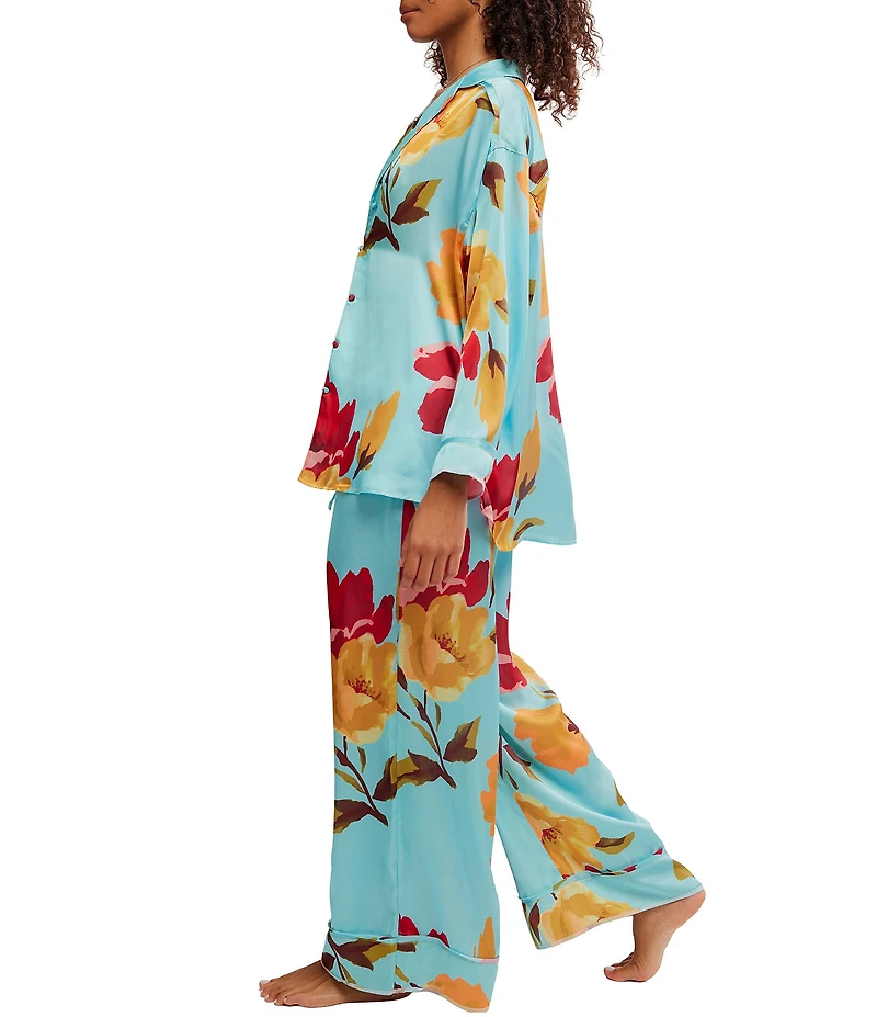Free People Dreamy Days Floral Print Satin Notch Collar Long Sleeve Wide Leg Oversized Pajama Set