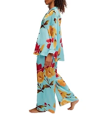 Free People Dreamy Days Floral Print Satin Notch Collar Long Sleeve Wide Leg Oversized Pajama Set