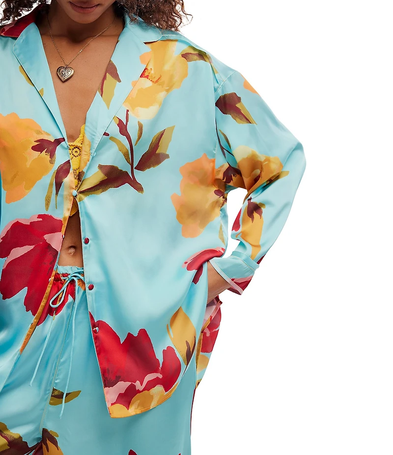 Free People Dreamy Days Floral Print Satin Notch Collar Long Sleeve Wide Leg Oversized Pajama Set