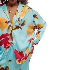 Free People Dreamy Days Floral Print Satin Notch Collar Long Sleeve Wide Leg Oversized Pajama Set