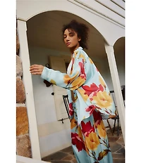 Free People Dreamy Days Floral Print Satin Notch Collar Long Sleeve Wide Leg Oversized Pajama Set