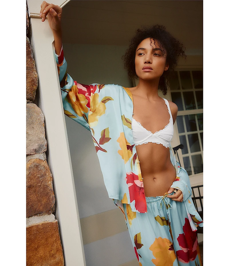 Free People Dreamy Days Floral Print Satin Notch Collar Long Sleeve Wide Leg Oversized Pajama Set