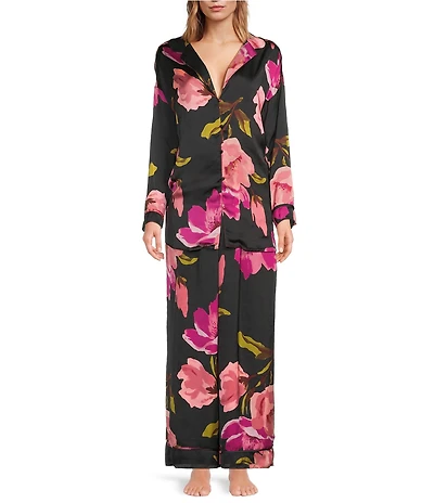 Free People Dreamy Days Floral Print Satin Notch Collar Long Sleeve Wide Leg Oversized Pajama Set