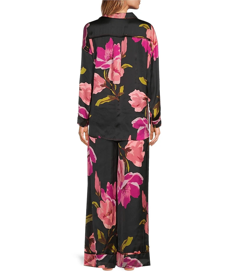 Free People Dreamy Days Floral Print Satin Notch Collar Long Sleeve Wide Leg Oversized Pajama Set