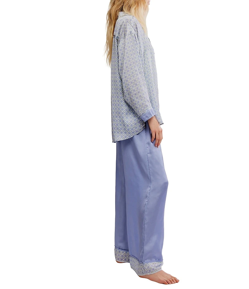Free People Dreamy Days Heart Geo Print Satin Notch Collar Long Sleeve Wide Leg Oversized Pajama Set