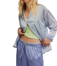 Free People Dreamy Days Heart Geo Print Satin Notch Collar Long Sleeve Wide Leg Oversized Pajama Set