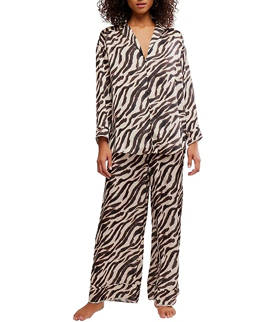 Free People Dreamy Days Zebra Print Satin Notch Collar Long Sleeve Wide Leg Oversized Pajama Set