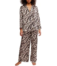 Free People Dreamy Days Zebra Print Satin Notch Collar Long Sleeve Wide Leg Oversized Pajama Set