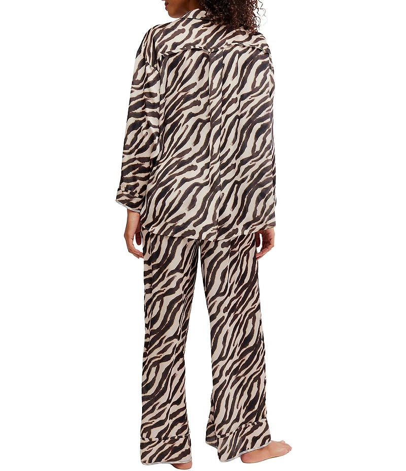 Free People Dreamy Days Zebra Print Satin Notch Collar Long Sleeve Wide Leg Oversized Pajama Set