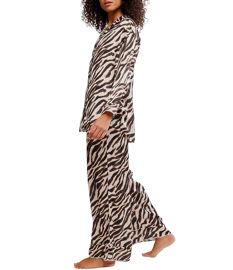 Free People Dreamy Days Zebra Print Satin Notch Collar Long Sleeve Wide Leg Oversized Pajama Set