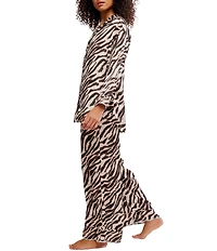 Free People Dreamy Days Zebra Print Satin Notch Collar Long Sleeve Wide Leg Oversized Pajama Set