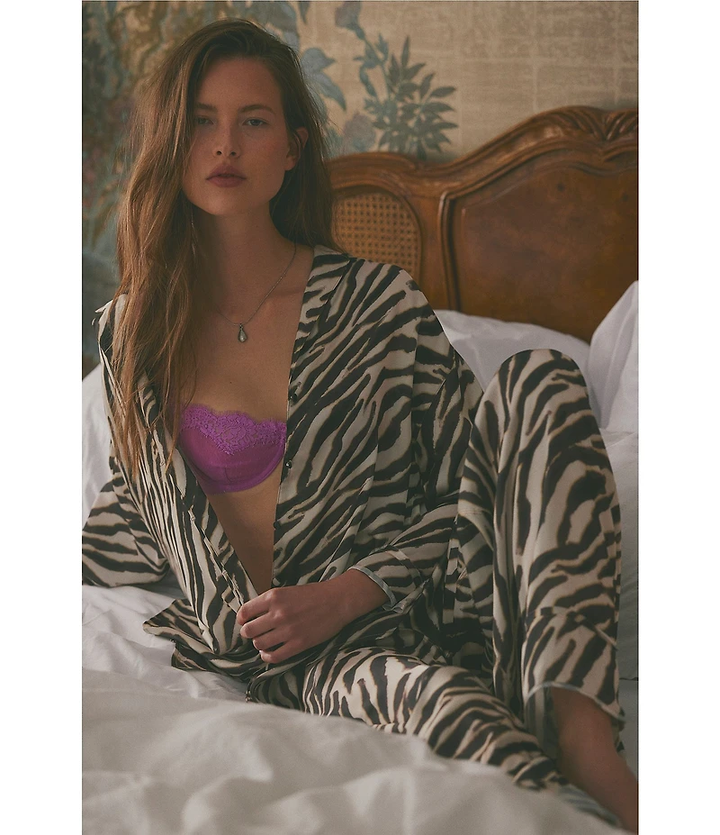 Free People Dreamy Days Zebra Print Satin Notch Collar Long Sleeve Wide Leg Oversized Pajama Set