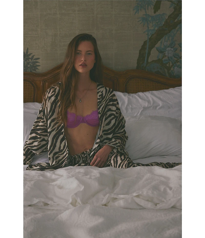 Free People Dreamy Days Zebra Print Satin Notch Collar Long Sleeve Wide Leg Oversized Pajama Set