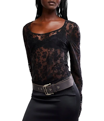 Free People Early Sunsets Floral Burnout Lace Scoop Neck Long Sleeve Layering Top