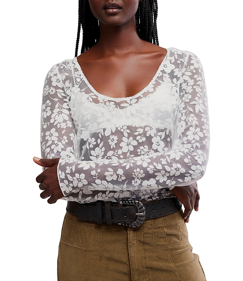 Free People Early Sunsets Floral Burnout Lace Scoop Neck Long Sleeve Layering Top