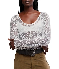 Free People Early Sunsets Floral Burnout Lace Scoop Neck Long Sleeve Layering Top