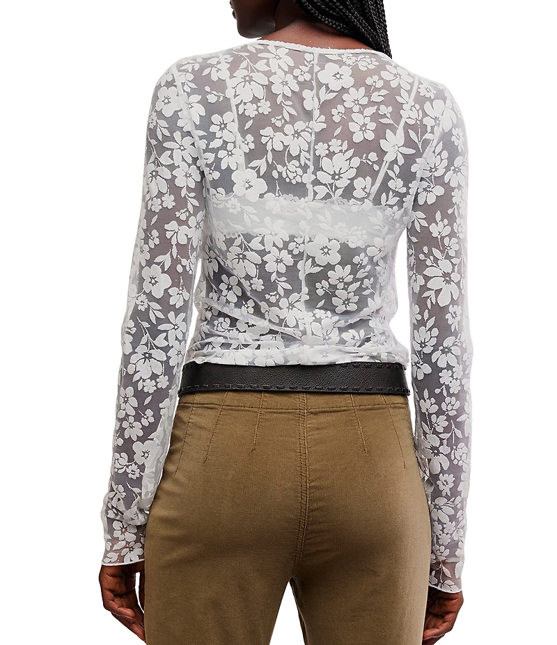 Free People Early Sunsets Floral Burnout Lace Scoop Neck Long Sleeve Layering Top