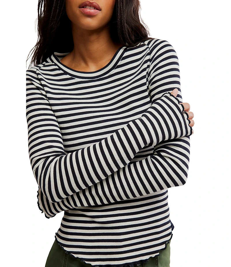 Free People Easy Does It Striped Scoop Neck Long Sleeve Waffle Knit Tee