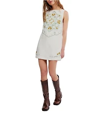 Free People Electric Garden Linen Blend Embroidered Boat Neck Sleeveless Mini Shift Dress