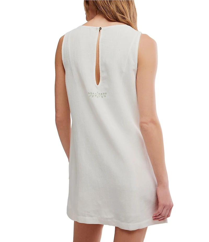 Free People Electric Garden Linen Blend Embroidered Boat Neck Sleeveless Mini Shift Dress