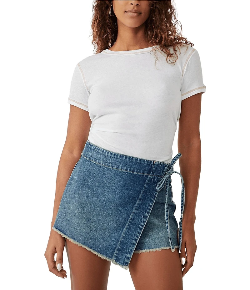 Free People Emmy Denim High Waisted Asymmetric Raw Hem Tie Side Mini Skort